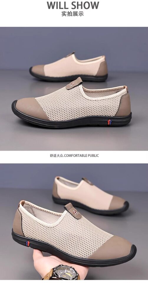 Giày sandal nam lười đế bằng, mũi tròn, thân lưới thoáng khí, phong cách casual — Màu kaki, màu đen chi tiết 20