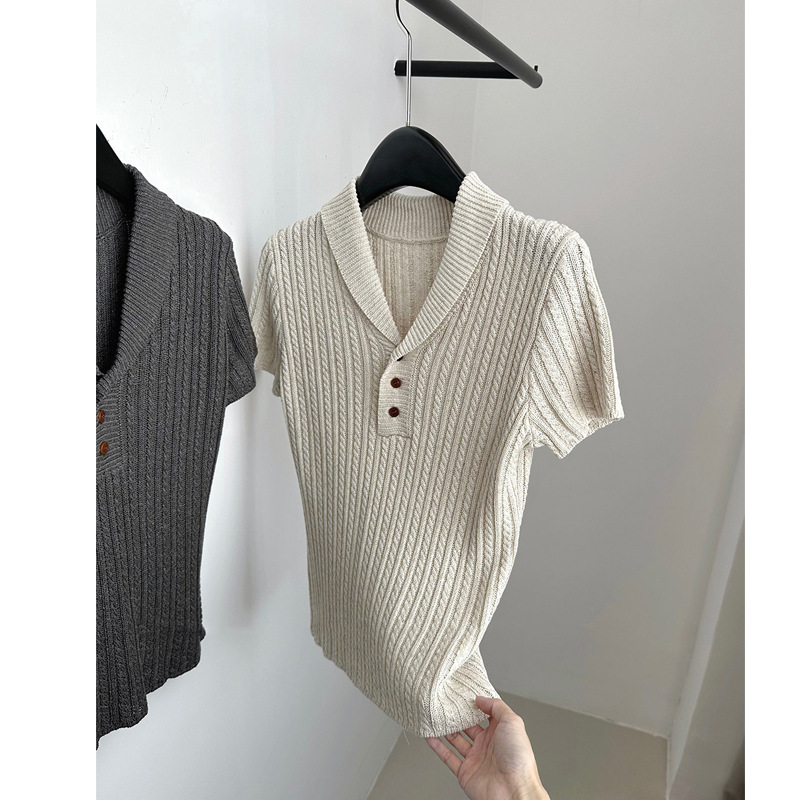French-Style Spring-Summer Vintage Old Money Style Small Lapel Cable Knit Short-Sleeve Sweater Linen Lyocell T-Shirt Top
