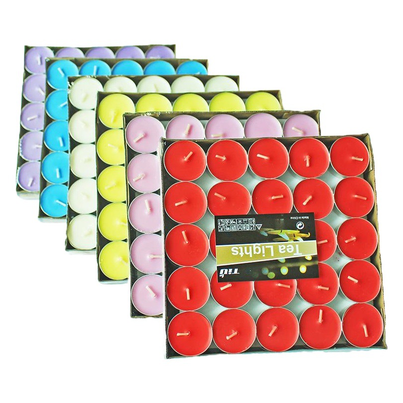 Fábrica al por mayor libre de humo pequeña vela té hirviendo aislamiento redondo té cera 14g 50 velas lámpara de mantequilla 4 horas