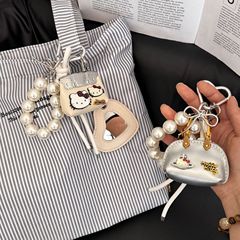 白いクリエイティブかわいい子猫バッグ形状バッグペンダントスクールバッグぶら下げチェーンキーホルダー立体装飾パールチェーン