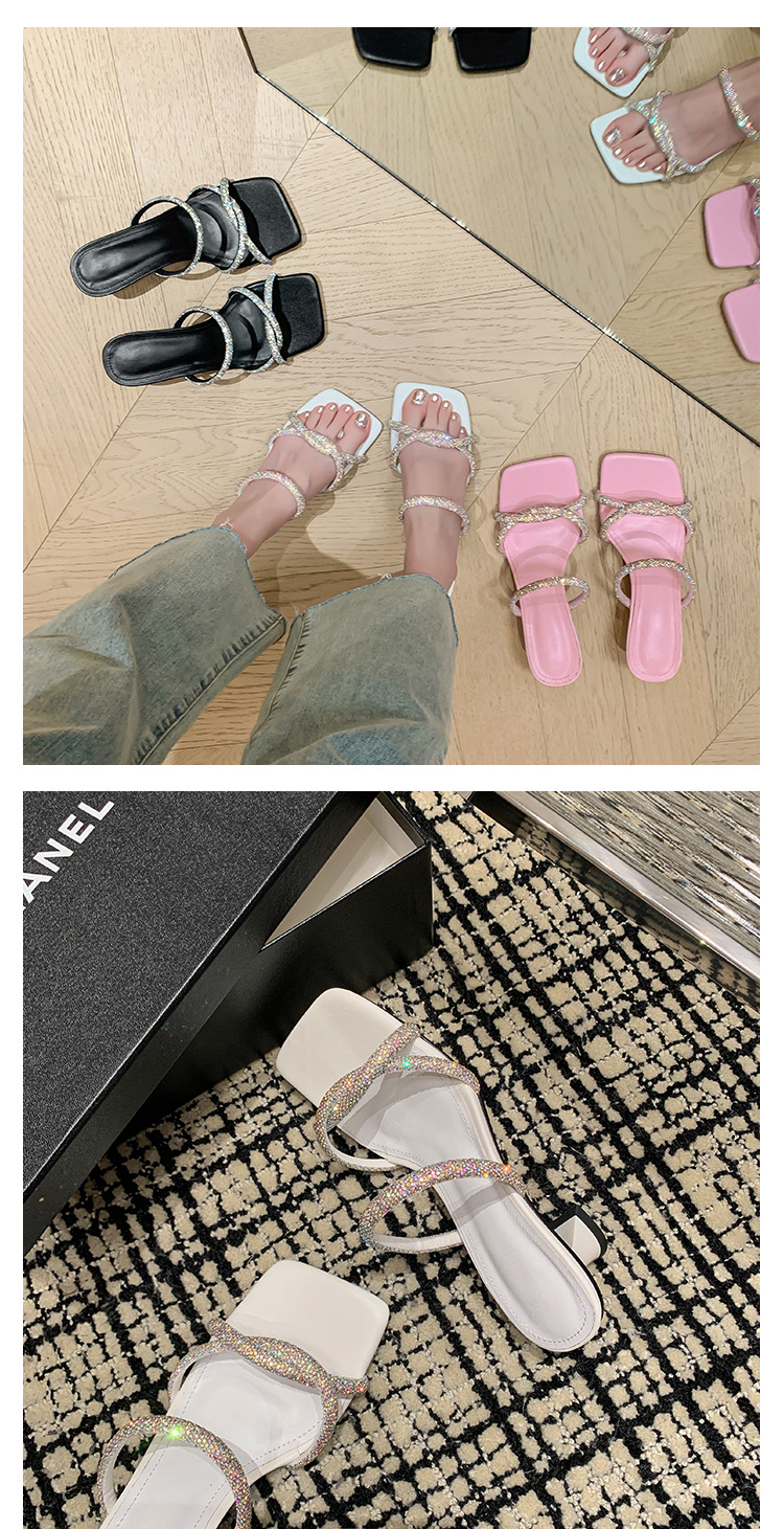 Dép sandal cao gót nữ quai mảnh đính đá mũi vuông gót dày 9 cm — đen, màu hồng, trắng chi tiết 13
