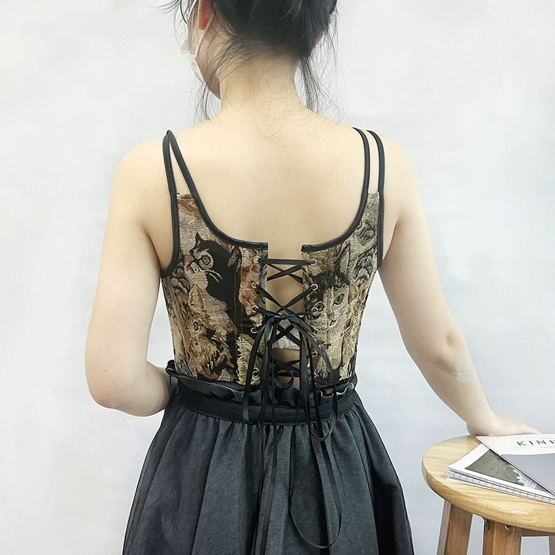 [25529新款夏秋色织提花猫双吊带百搭侧拉链胸衣外穿百搭小背心]