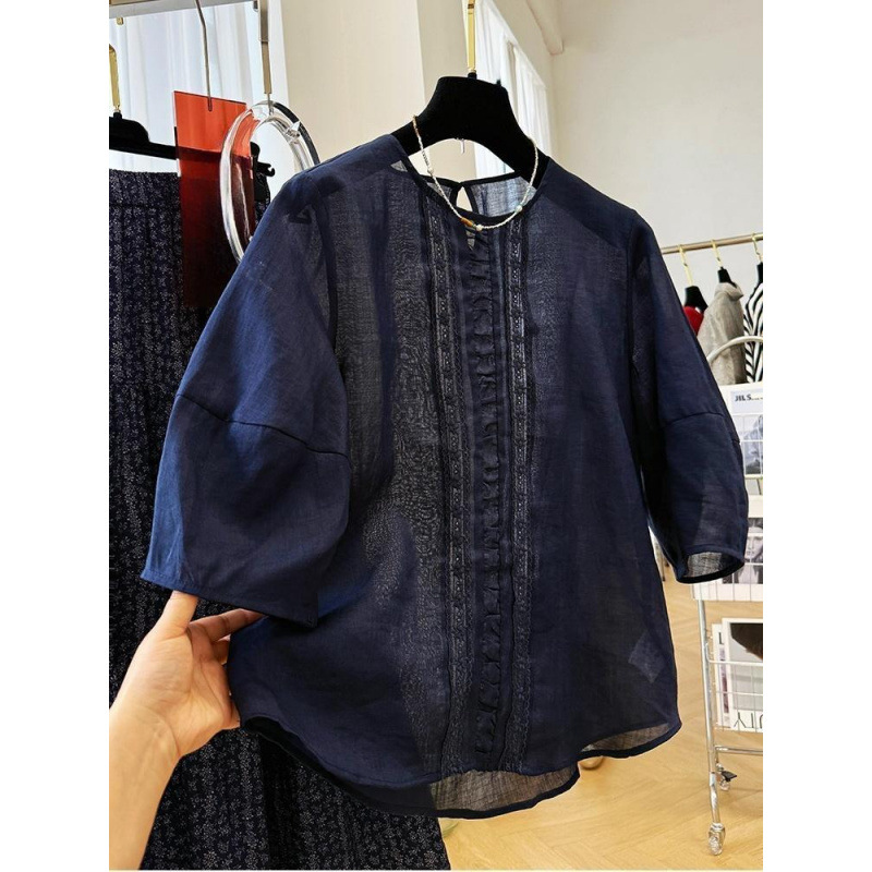 高端苎麻圆领短袖衬衫女夏季薄款法式小众时尚气质小衫超好看上衣