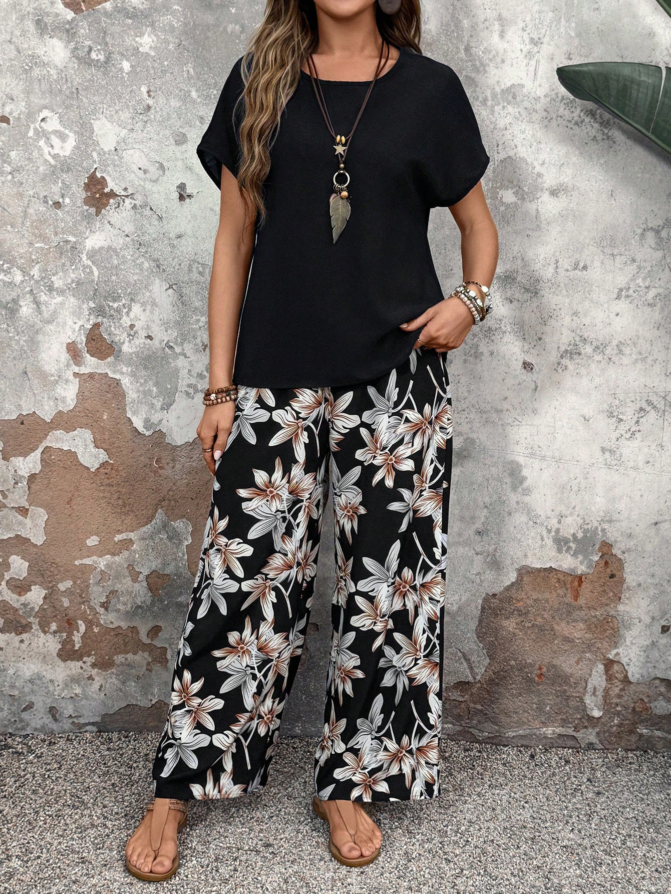 Summer Two Piece Suit Women All Matching Loose Pullover Printing Crew Neck Casual Suit Women