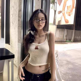 可爱小熊印花吊带小背心女夏季蕾丝花边内搭短款甜美碎花上衣吊带