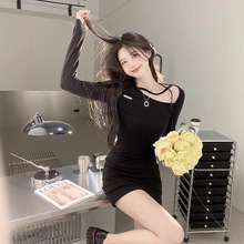 2024春秋新款腰部蝴蝶结设计包臀裙辣妹收腰黑色百搭显瘦连衣裙