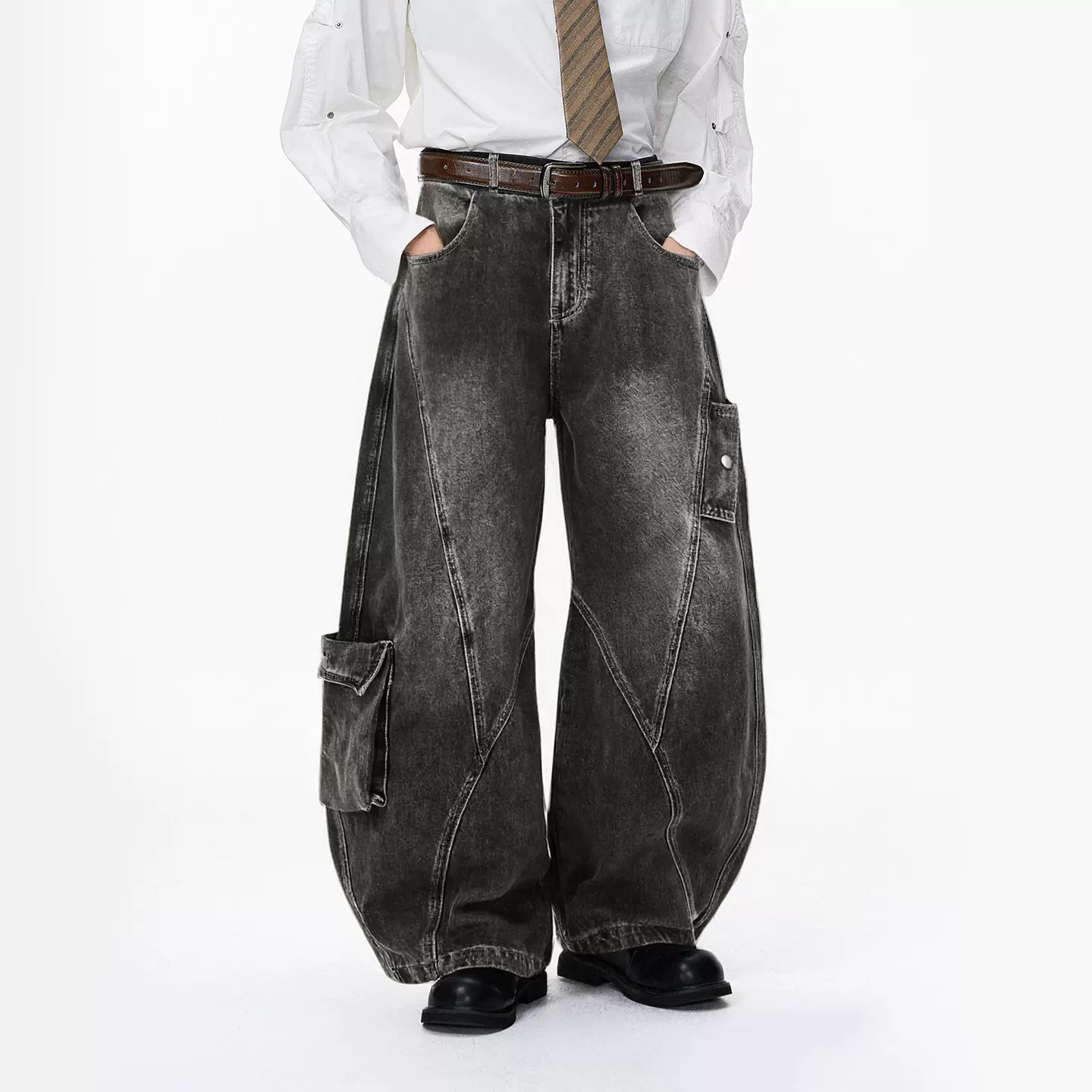 捷展男装|不规则剪裁洗水牛仔裤25秋季新品美式多口袋弯刀休闲裤