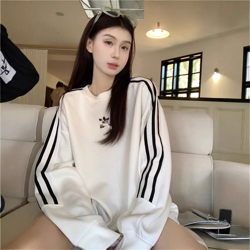 三叶草纯棉长袖卫衣男女春秋季上衣情侣三条杠休闲宽松套头打底衫|undefined
