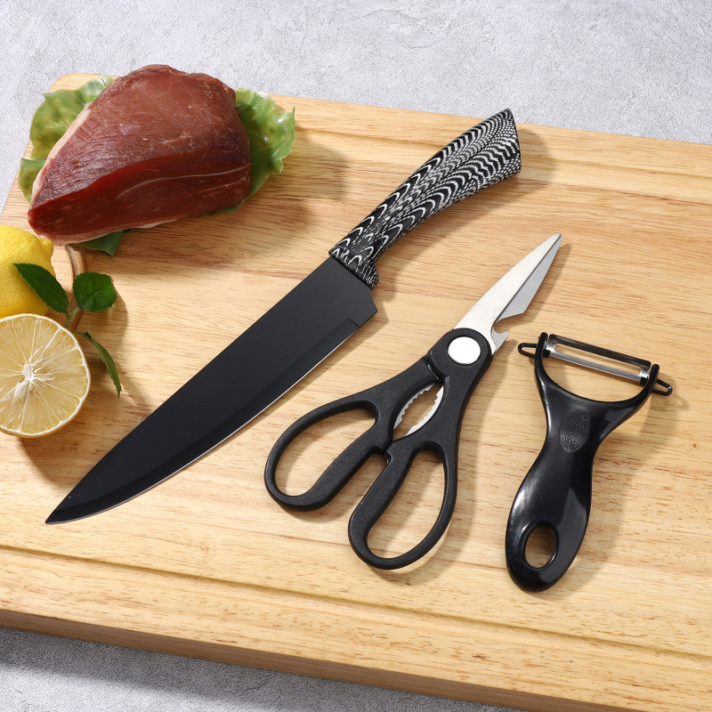 Fábrica transfronteriza spot de cuchillo doméstico cuchillo conjunto de nueve piezas mango de rayas blancas y negras conjunto acrílico asiento