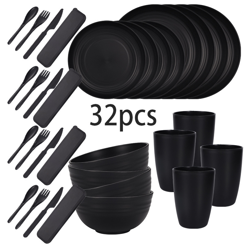Amazon cross-border wheat straw dishes and cups black knife, fork and spoon tableware gifts 32 suit wholesale Amazon cross-border wheat straw dishes and cups black knife, fork and spoon tableware gifts 32 suit wholesale