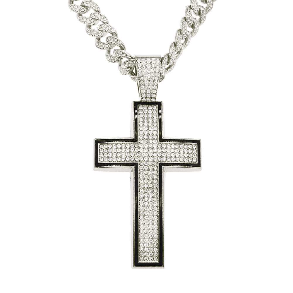 Fashion full diamond cross pendant Cuban chain alloy necklace wholesalepicture2