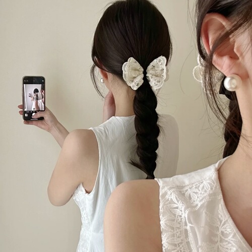 Gentle, elegant, and luxurious: Korean-style fashion white fabric bow hair tie with elastic band and lace trim