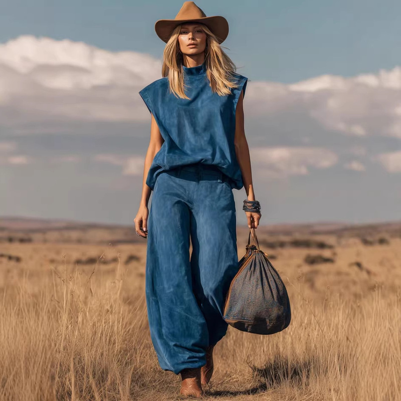 2026 European and American Amazon Independent Site Cross-Border Fashion New Western-Style Sleeveless Wide-Leg Tapered Suede Set 2026 European and American Amazon Independent Site Cross-Border Fashion New Western-Style Sleeveless Wide-Leg Tapered Suede Set