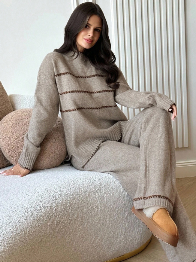 Ensemble pull ample et décontracté à manches longues et col rond pour femme, composé d'un haut et d'un pantalon. Finitions colorées. Idéal pour l'automne et l'hiver._voghion.com