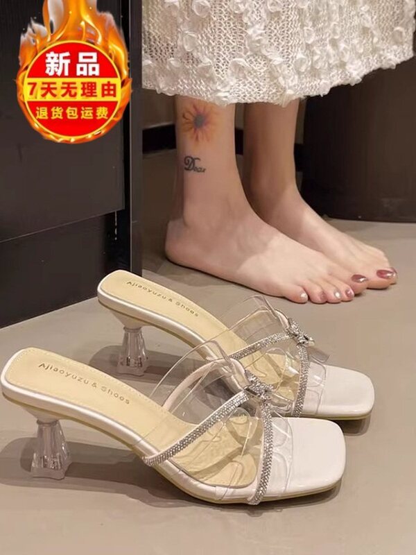Brand Clearance Transparent Slippers for Women, New Summer Style with Rhinestones, Open-Toe Half-Slip Fashion Slippers to Match with Dresses, Crystal High Heels