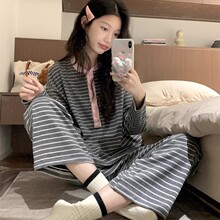 条纹睡衣女春秋款长袖套装简约网红ins跨境家居服大码宽松可外穿