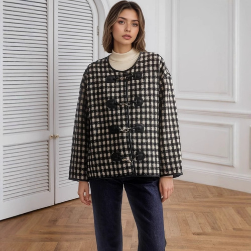 2025 New Autumn Winter European and American Amazon Metal Buckle Decorated Round Neck Collar Piping Peacock Pattern Fashion Short Pants Coat 