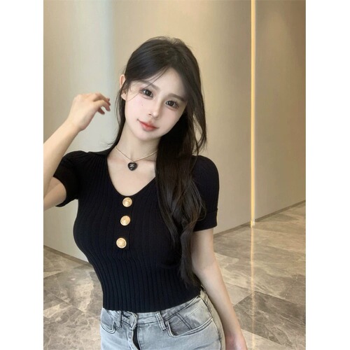 French pure desire style niche slim straight shoulder short-sleeved T-shirt summer short hot girl sexy temperament knitted top for women