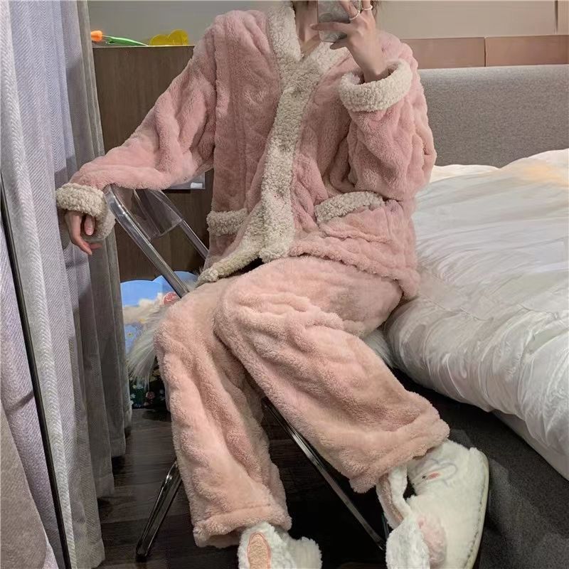 Al por mayor transfronterizo pequeño viento fragrante pijama de franela de invierno de otoño mujeres más terciopelo espeso coral terciopelo dulce cubierta de ropa para el hogar de estudiantes