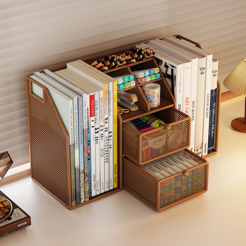 New book storage rack with drawers, multi-compartment organizer, essential for workstations, file and desk organizer
