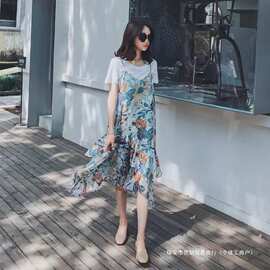大码女装2026夏季新款碎花雪纺吊带连衣裙微胖妹妹气质长裙两件套