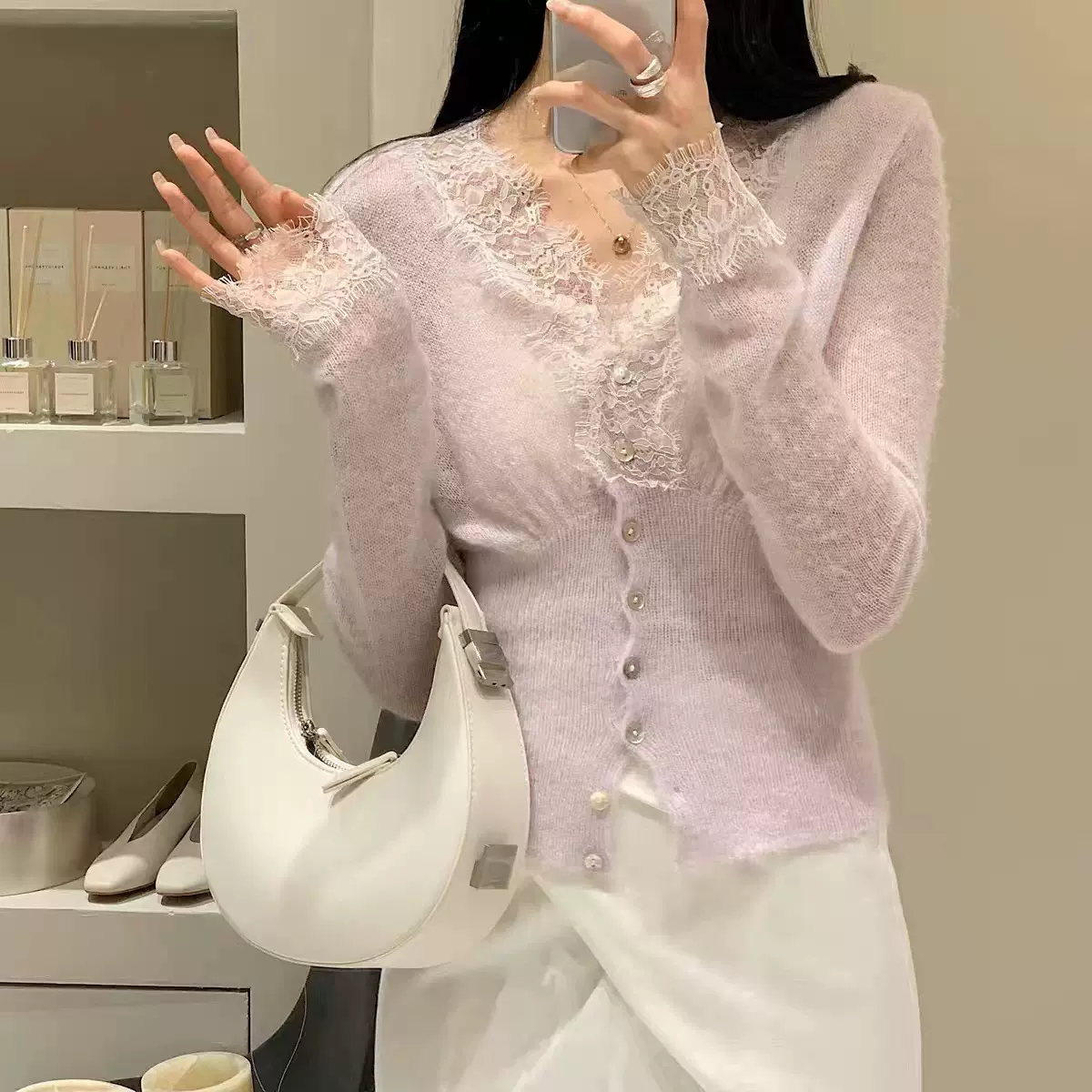 纯色马海毛内搭毛衣春秋女短款蕾丝v领针织开衫设计感小众打底衫