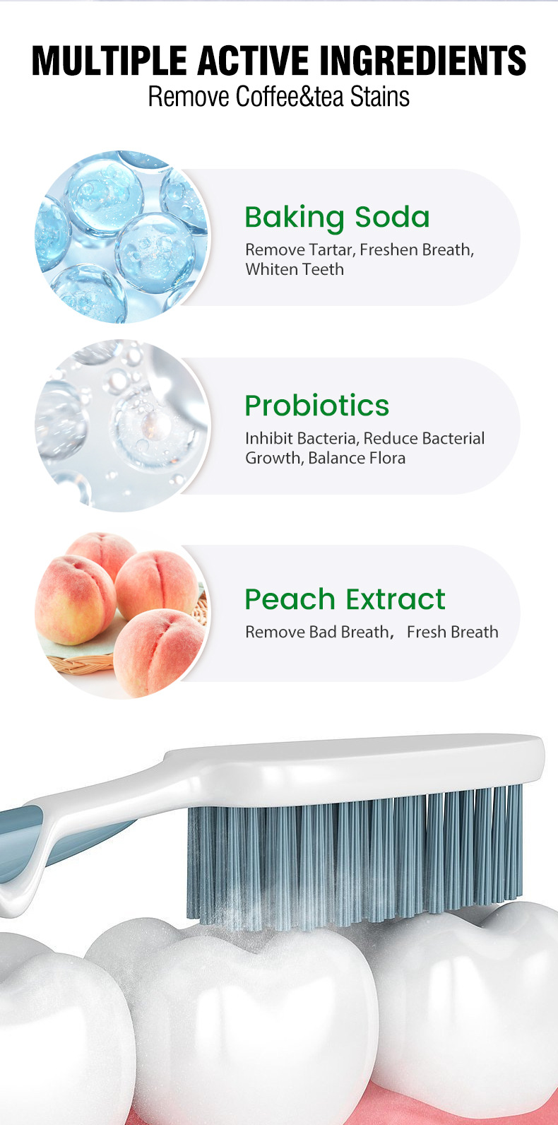 Polvo de dientes para eliminar el color amarillento de las manchas de café, las manchas de té, la protección de las encías, la fijación de los dientes, el lavado de dientes de melocotón._voghion.com