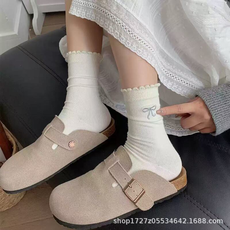 Silver Bow Lace Socks for Women, Korean Ins Style Silver Thread Breathable Socks, Mid-Calf Socks, Black, White, Gray Women's Socks