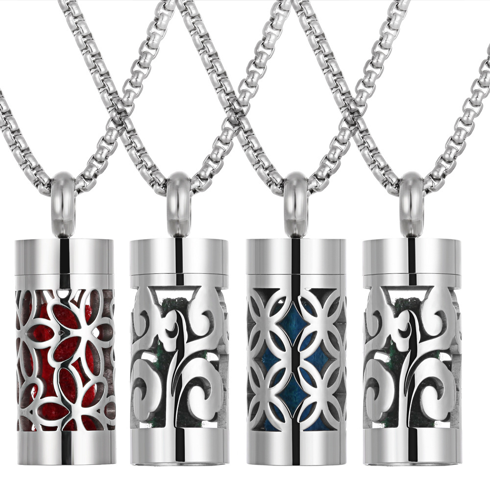 香薰不锈钢吊坠圆柱波纹型项坠香水扩散器欧美热销镂空香水项链