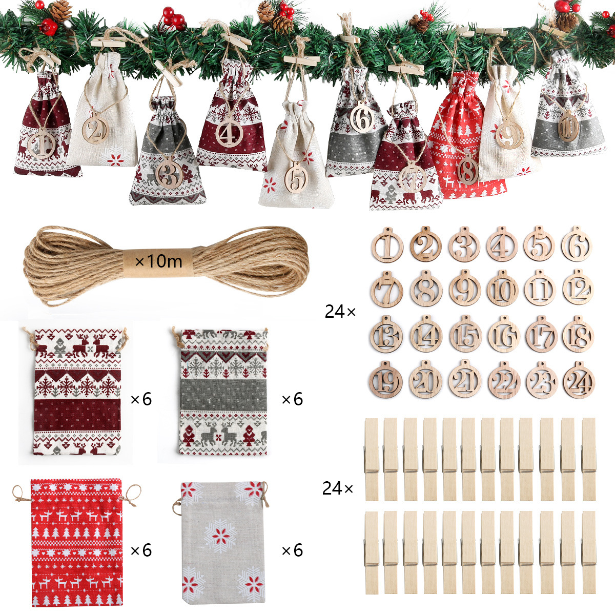 亚马逊供货圣诞棉布袋套装木质挂牌24个糖果礼品袋挂袋套装