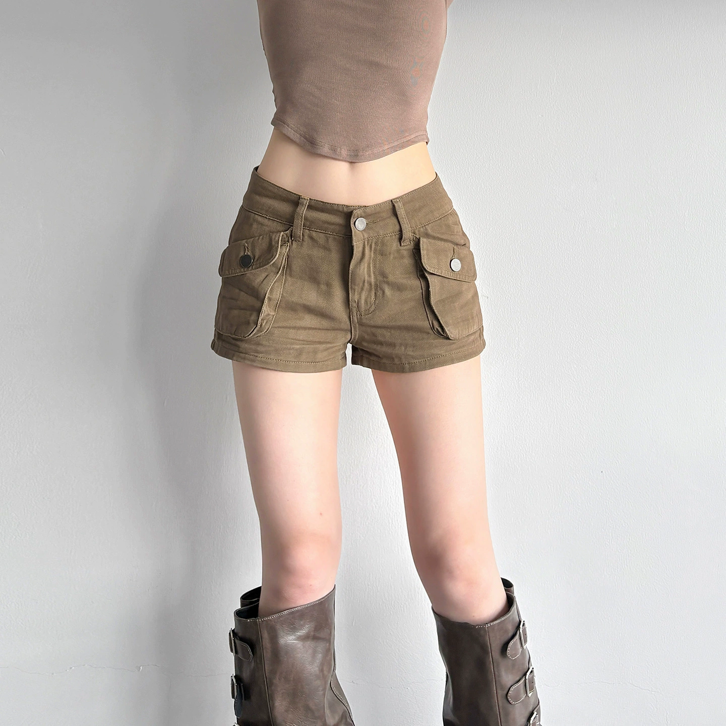Рабочие джинсы-шорты в стиле ретро, цвет хаки, с множеством карманов, зауженные, простые, повседневные, базовые, в стиле «old money».