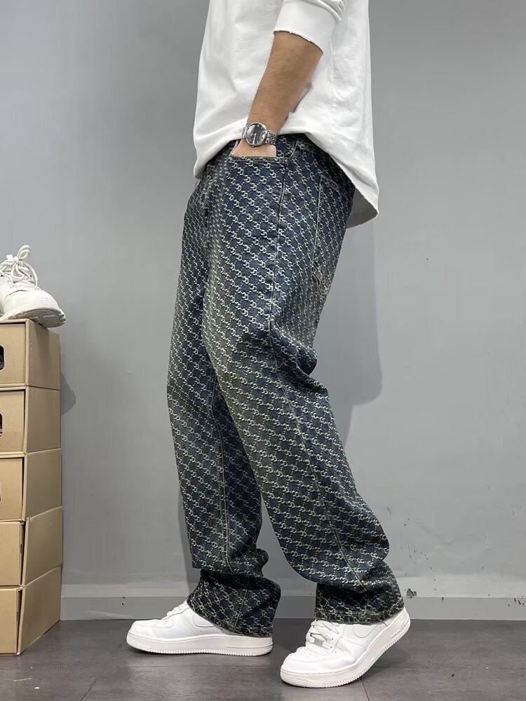 Men's Clothing High End Men's Straight Leg Jeans Streetwear American High Street Style Cool Edgy Vibe Full Print Embroidery_mkmklike.com