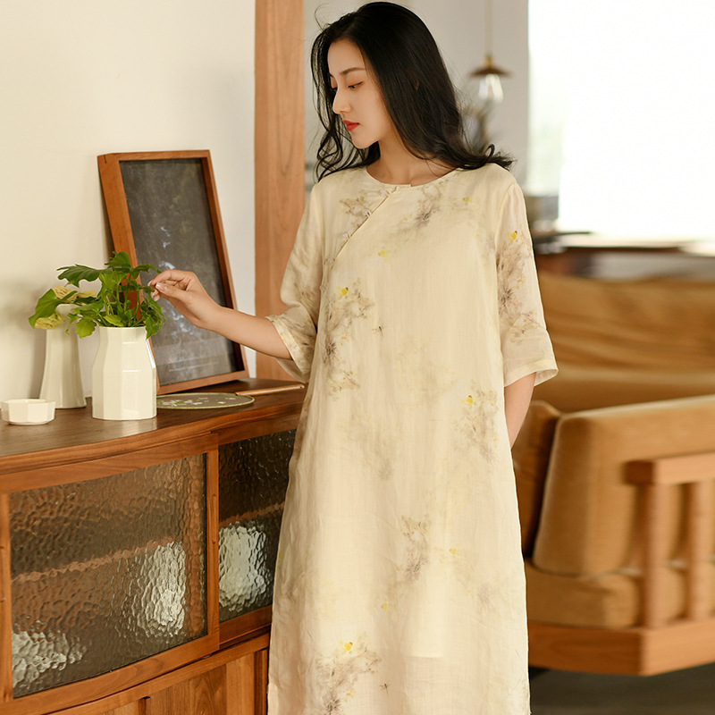 Cotton and linen women's clothing 2023 spring and summer new vintage dress new Chinese ramie modified cheongsam Chinese style tea clothing