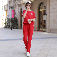 夏季运动套装时尚卡通显瘦大码圆领运动服套装休闲女棉短袖两件套