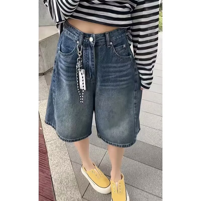 Plus-Size High-Waisted Denim Shorts for Women, Summer Thin Style, 2026 New Model, Flattering for Curvy Figures, American-Style Floral Wide-Leg Shorts Plus-Size High-Waisted Denim Shorts for Women, Summer Thin Style, 2026 New Model, Flattering for Curvy Figures, American-Style Floral Wide-Leg Shorts