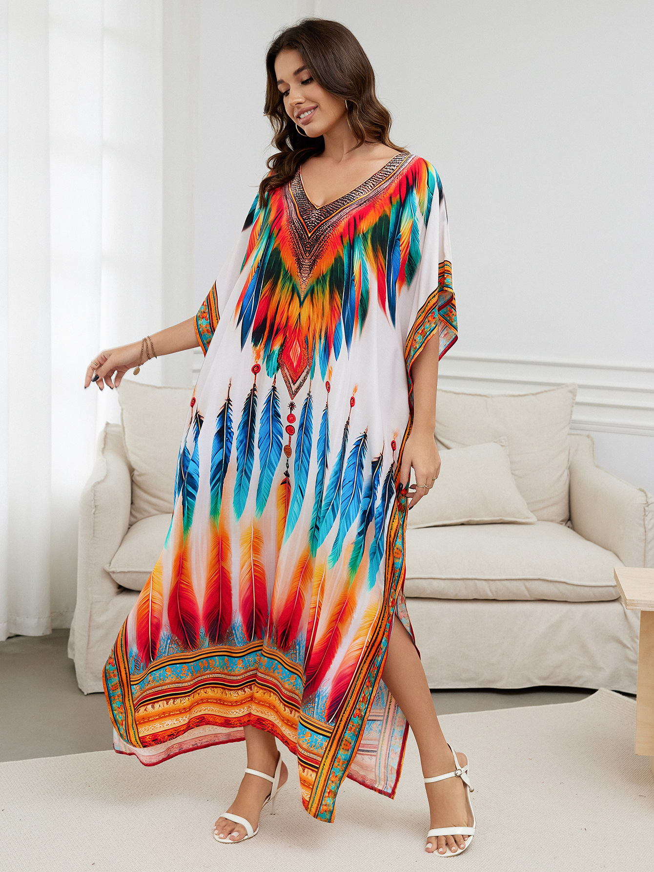 Rochie de plajă lungă kimono dama boho viscoză tie-dye_voghion.com
