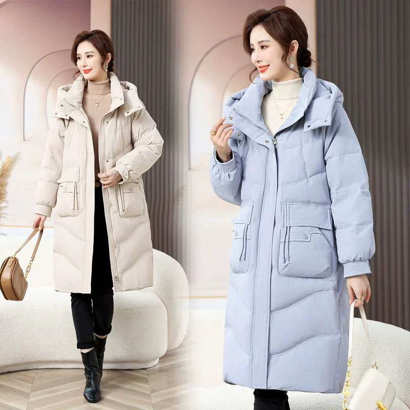 Зимний женский свободный пуховик средней длины 2023 новый модный темперамент теплая куртка с капюшоном для мам средних лет