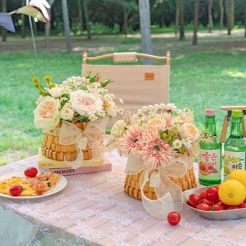 精致仿真花花篮野餐露营拍照道具花篮假花仿真花摆设装饰花摆件花