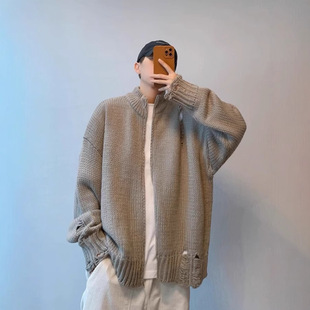 Autumn and Winter Ripped Knitted Zipper Jacket Japanese Style Retro Lazy Loose Casual Turtleneck Thickened Sweater Trendy Cardigan