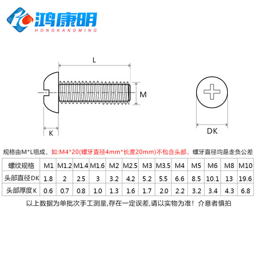 Hongkangming Hardware 304 pan head machine cross screw machine screw M2M3M4M5 stainless steel semi-round head screw