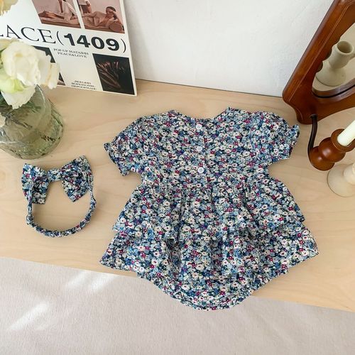 ins summer style infant and children one-piece clothes for baby girl small floral short-sleeved romper with hair tie