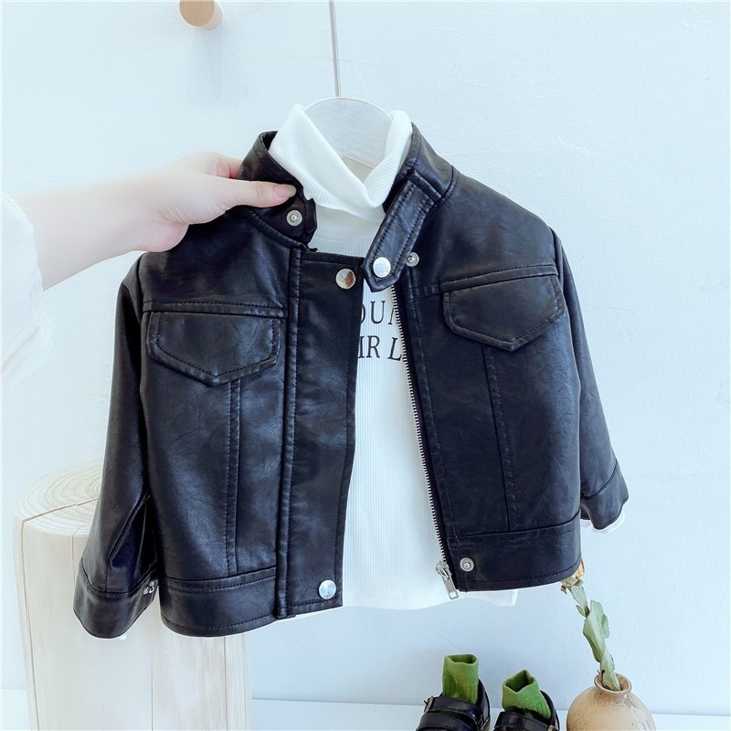 Children's Short Waist-Cinched PU Motorcycle Washed Leather Jacket 2025 Autumn Winter Boys and Girls Baby Leather Coat Cross-Border