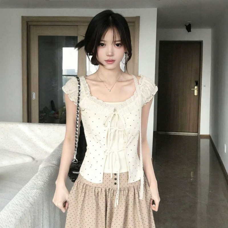 Korean-Style Gentle Style Fake Two-Piece Polka Dot Puff Sleeve T-Shirt for Women, Summer Elegant Short-Sleeve Slim-Fit Top