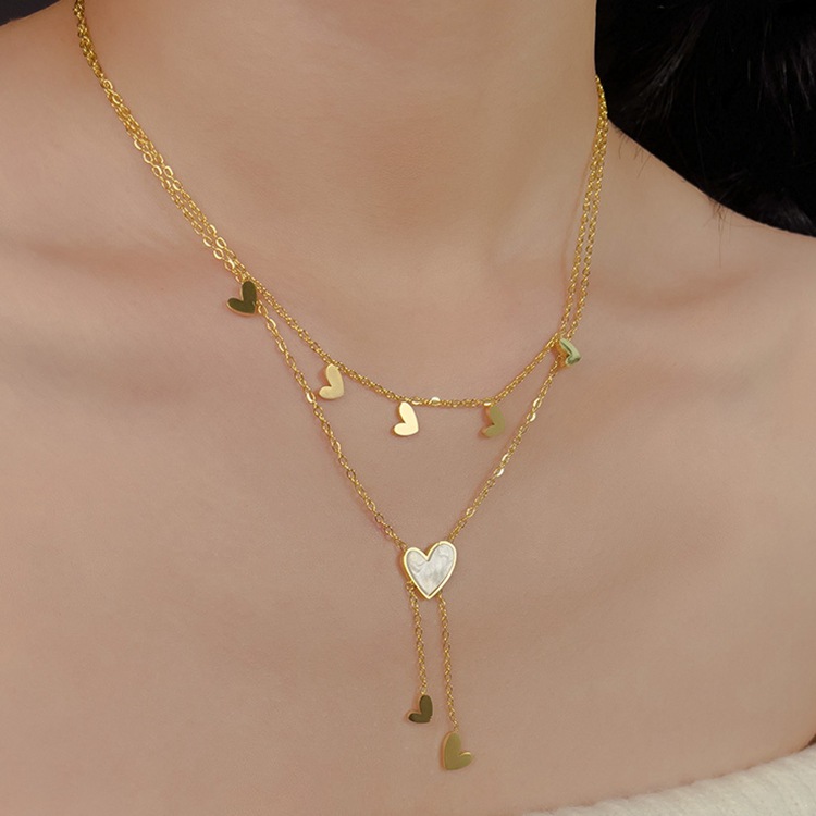 Sweet Simple Style Heart Shape Titanium Steel Plating Inlay Shell 18K Gold Plated Layered Necklaces_colorza_5