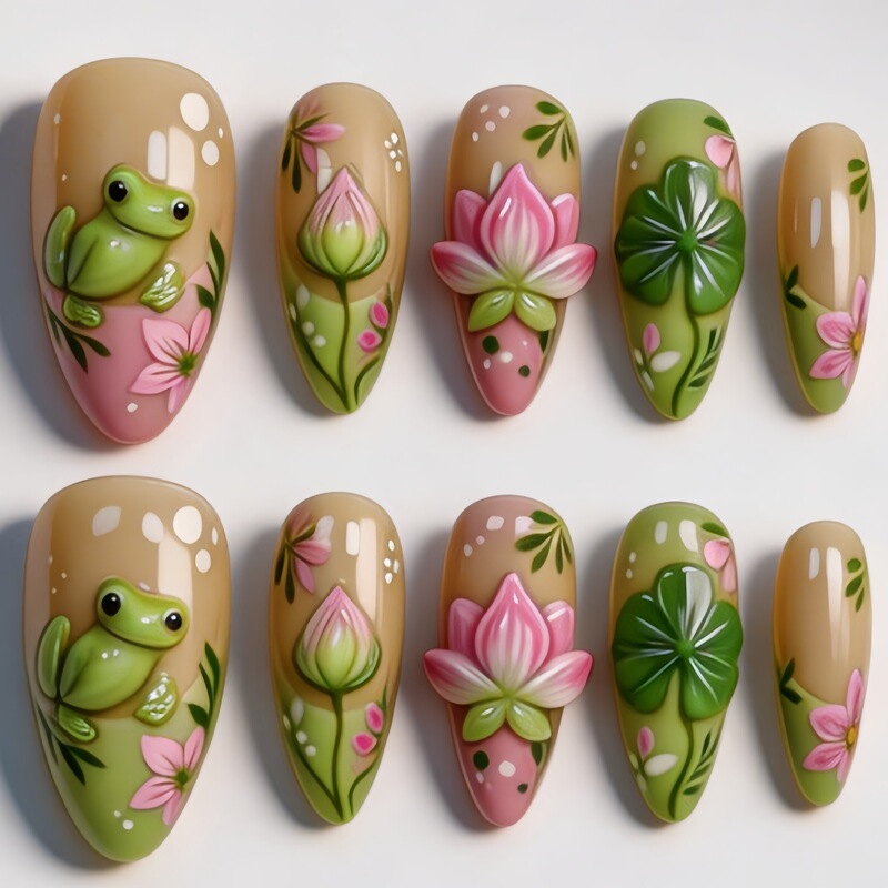 3D three-dimensional relief 30-piece boxed set with gilded frog and lotus design, fashionable European and American style press-on nails