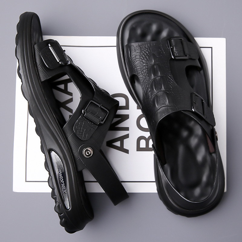 샌들 남성 가죽 2024 새로운 도착 여름 악어 패턴 캐주얼 비치 슈즈 비 슬립 아웃웨어 청소년 이중 사용 샌들