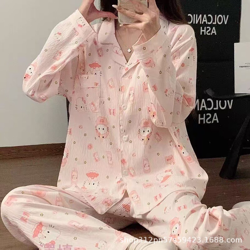 雲の綿のパジャマの女性のシンプルで甘いネットの赤い長袖のカーディガンの少女のカジュアルな薄いタイプの家庭服の2つのセット|undefined