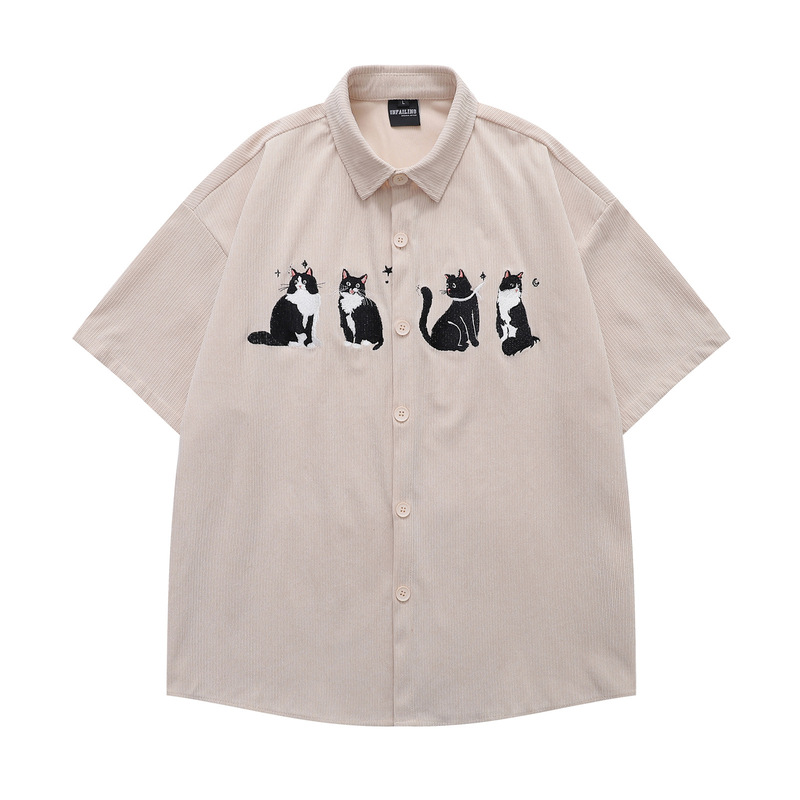American Retro Cartoon Cute Kitten Embroidered Corduroy Short-Sleeved Shirt Men's Summer Loose Casual Couple Shirt