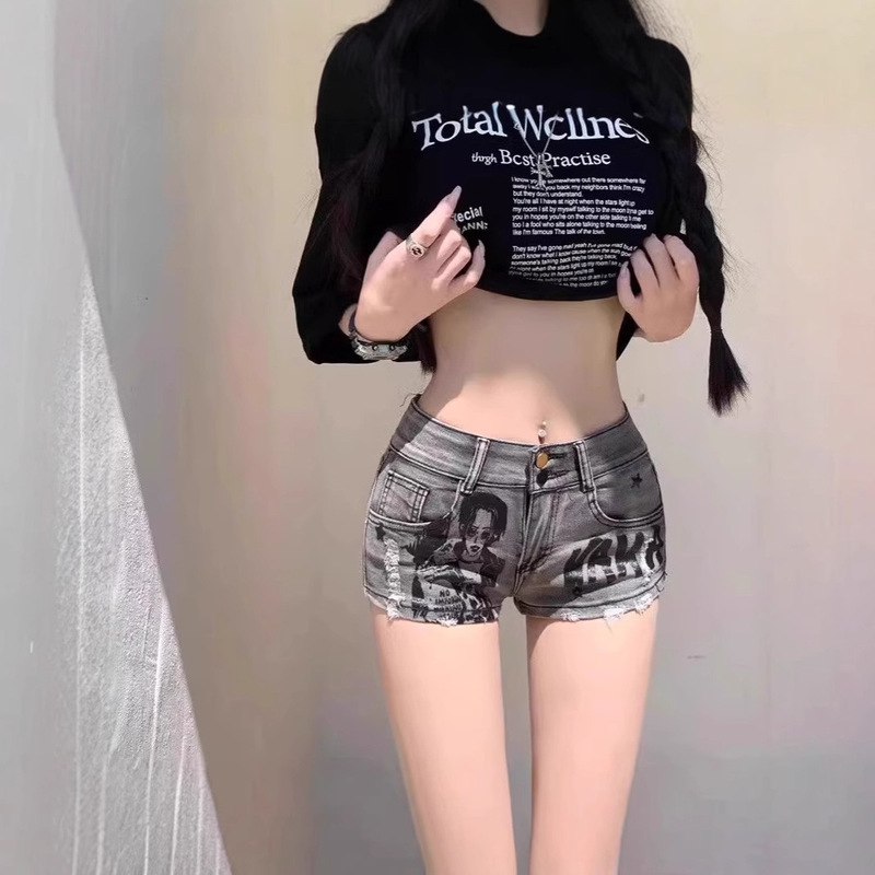 American-style Korean-style Niche Spice Girls Retro Low-rise Denim Shorts Design Sense Printed Low-rise Slim-fit Jeans for Women