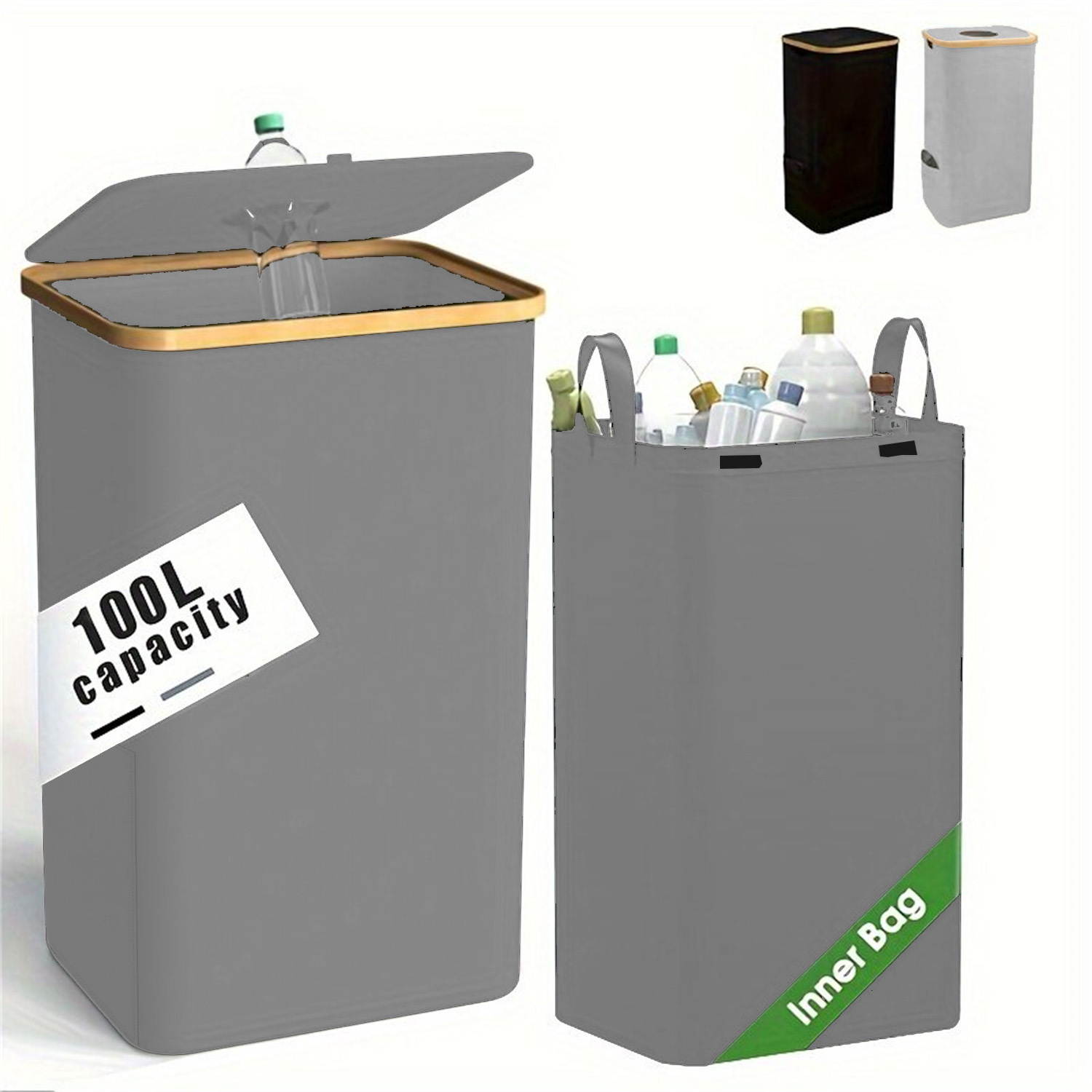 Cesta de ropa sucia con cubierta plegable reciclada de bambú, canasta de almacenamiento de tela Oxford, hogar, bolsa interior, caja de botella, a prueba de polvo